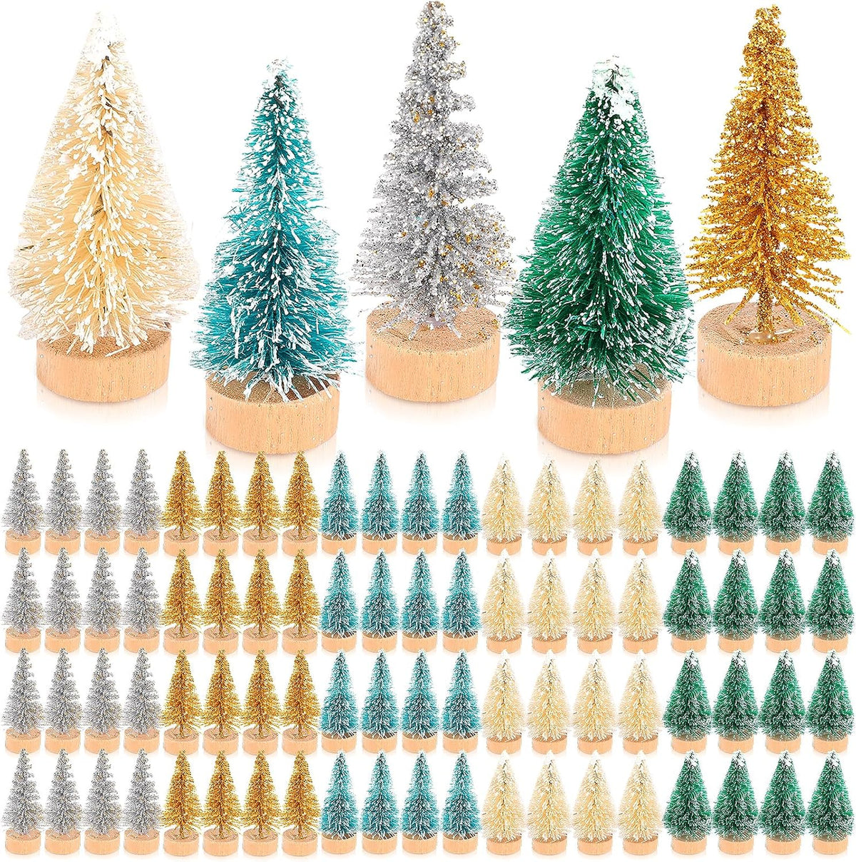 Crowye 100 Pcs Mini Christmas Tree with Wood Base, Multiple Colors
