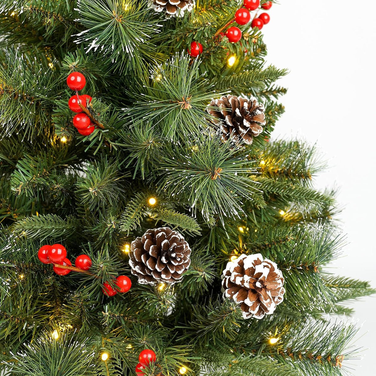 3Ft Pre-Lit Artificial Christmas Tree Tabletop with Battery Operated 70 Warm LED Red Berries Pine Cone Pine Needle, Greenery Potted Christmas Tree for Indoor, Porch, Outdoor