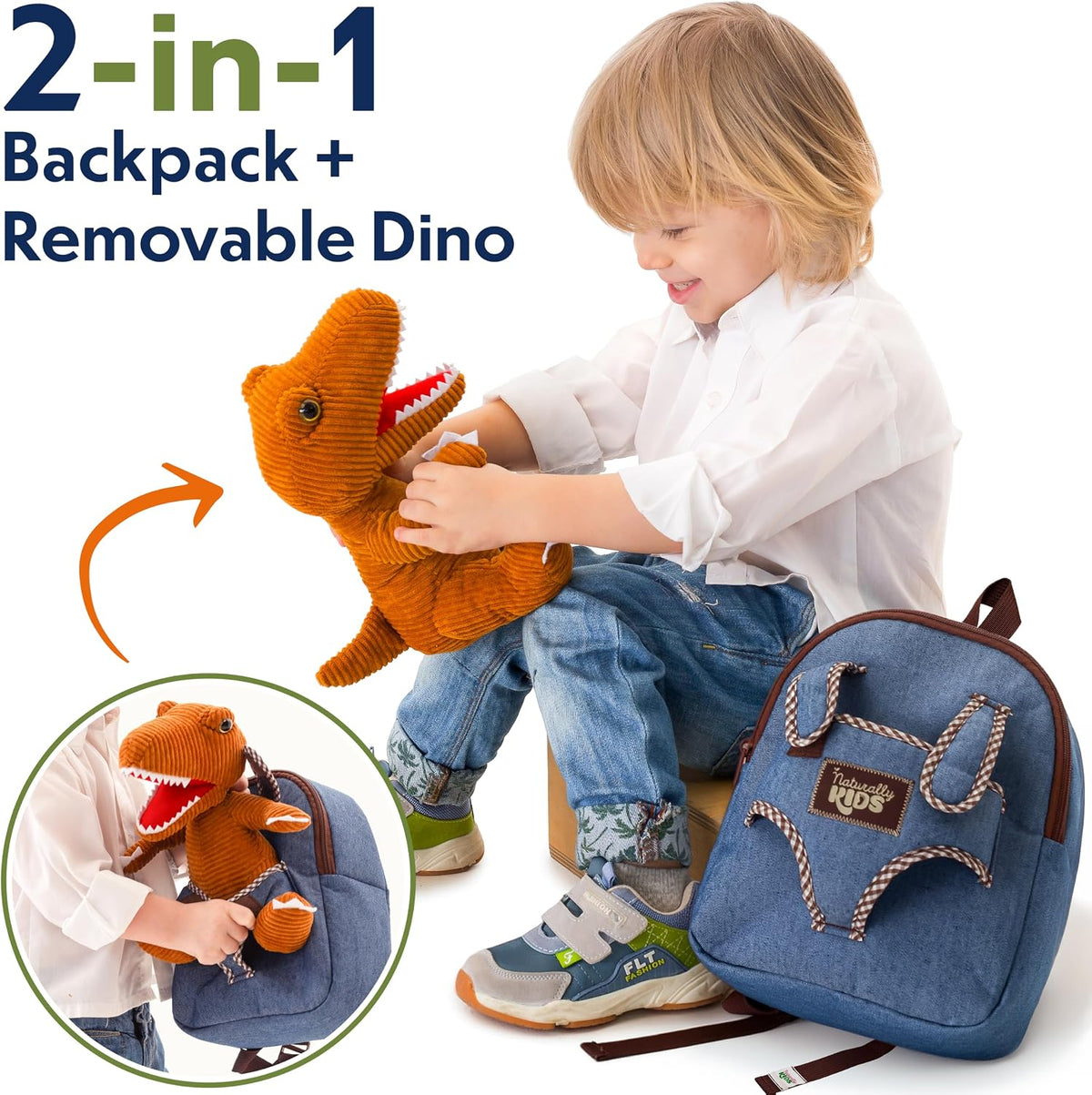 Naturally KIDS Toddler Backpack w. Plush Dinosaur Toy, Kids Gift 2 3 4 5