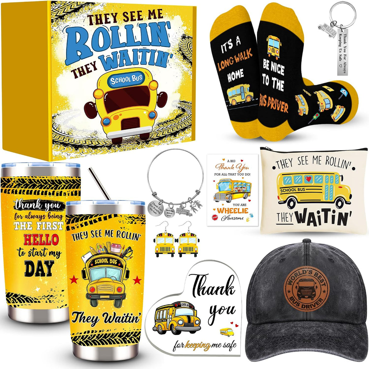 10 Pcs School Bus Driver Appreciation Gifts for Women, Back to School, Christmas Gift with 20 Oz Tumbler Hat Socks Makeup Bag Acrylic Heart Decor Bracelet Keychain, Thank You Gifts for Bus Driver