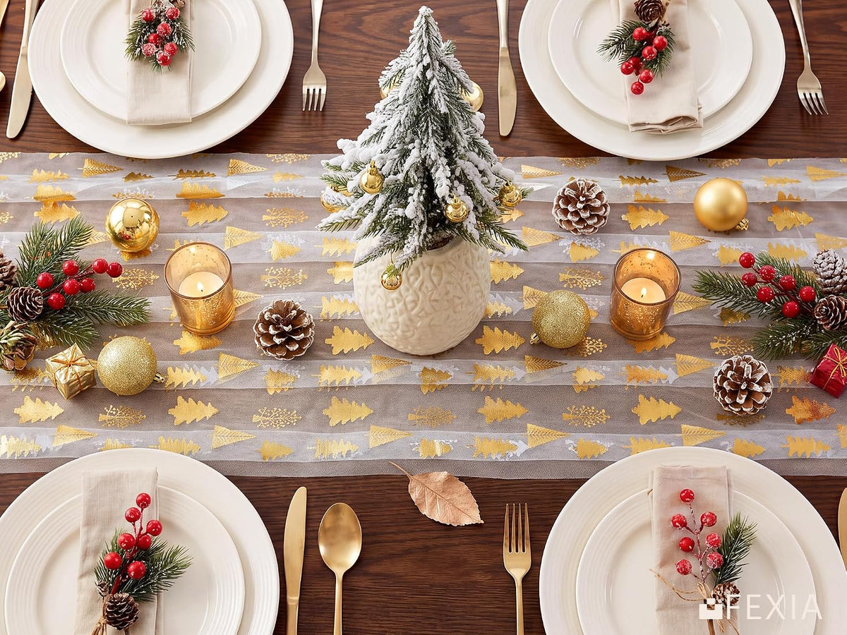 FEXIA Christmas Table Runner, White Tulle Gold Tree Runner, 28x120 Inch