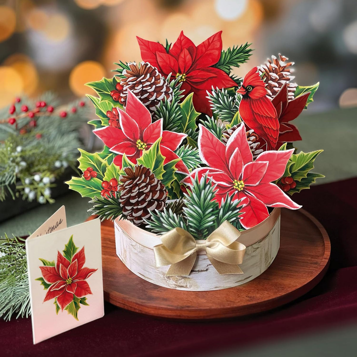 Freshcut Paper Pop Up Christmas Cards, Birch Poinsettia, 10 Inch Life Sized Flower Bouquet 3D Popup Greeting Cards, Christmas Card, Holiday Card, Blank Notecard & Envelope
