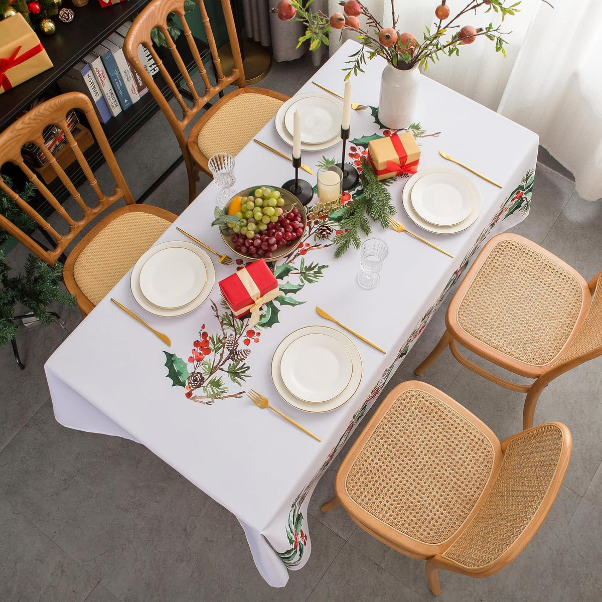 EHouseHome Indoor Outdoor Poinsettia Christmas Tablecloth Water Resistant Spill Proof Fabric Table Cover 60x84Inch Rectangle