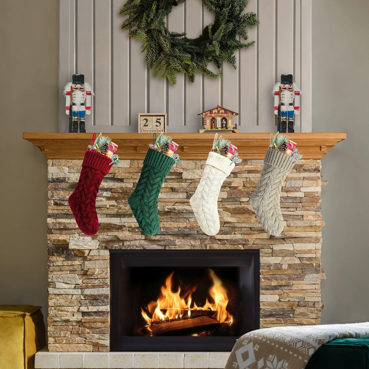 Christmas Stockings, 18 Inch Burgundy, Ivory, Green and Khaki Cable Knitted Stocking for Xmas Holiday Decoration, 8 Pack