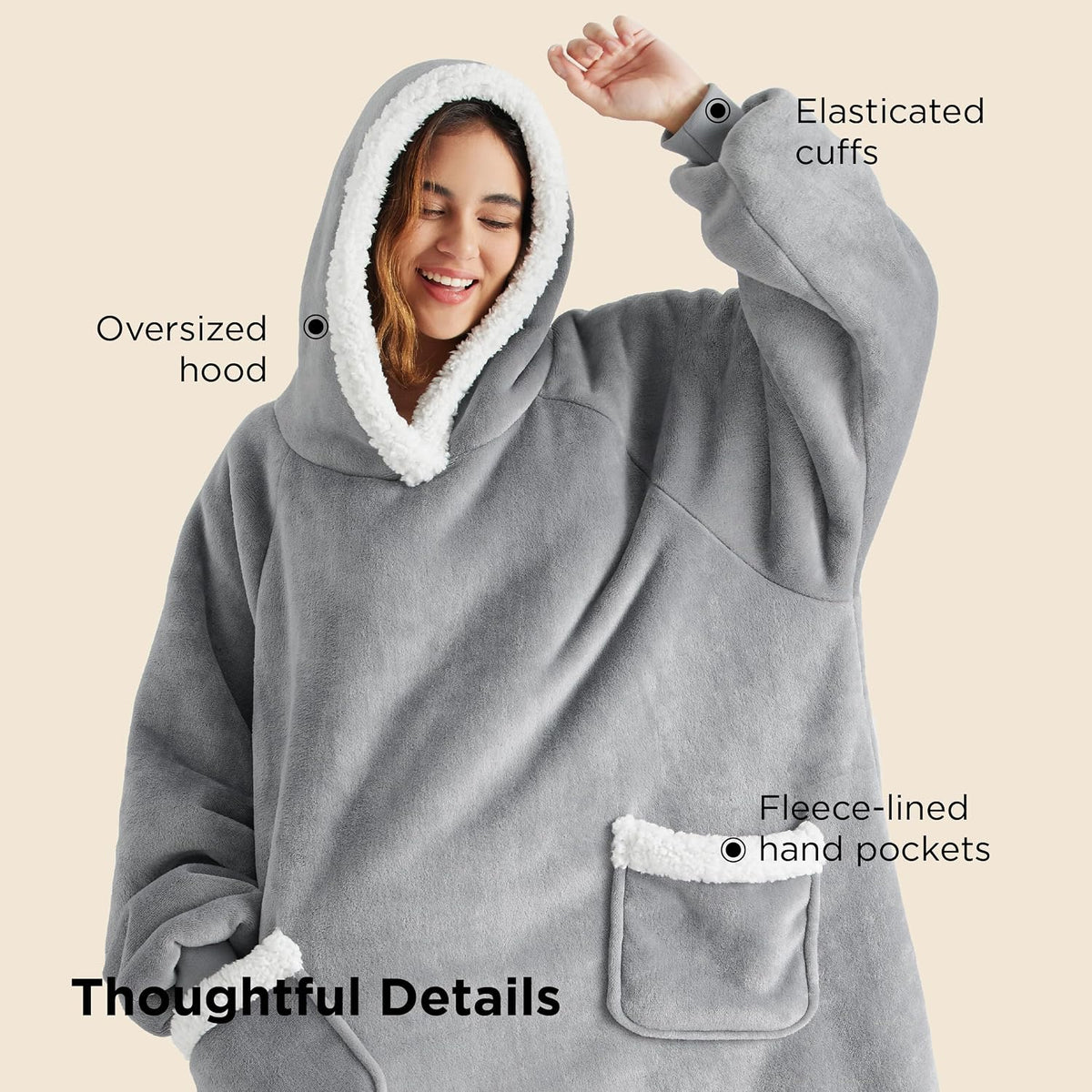 Bedsure Wearable Blanket Sherpa Hoodie Halloween Gifts, Grey, Standard