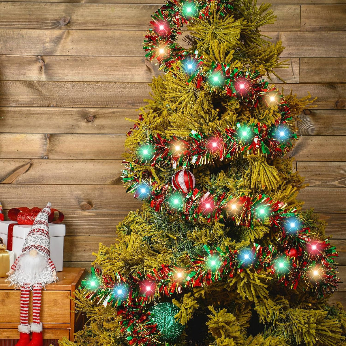 16.4 ft Christmas Tinsel Garland with Light, Multicolor, Red and Green
