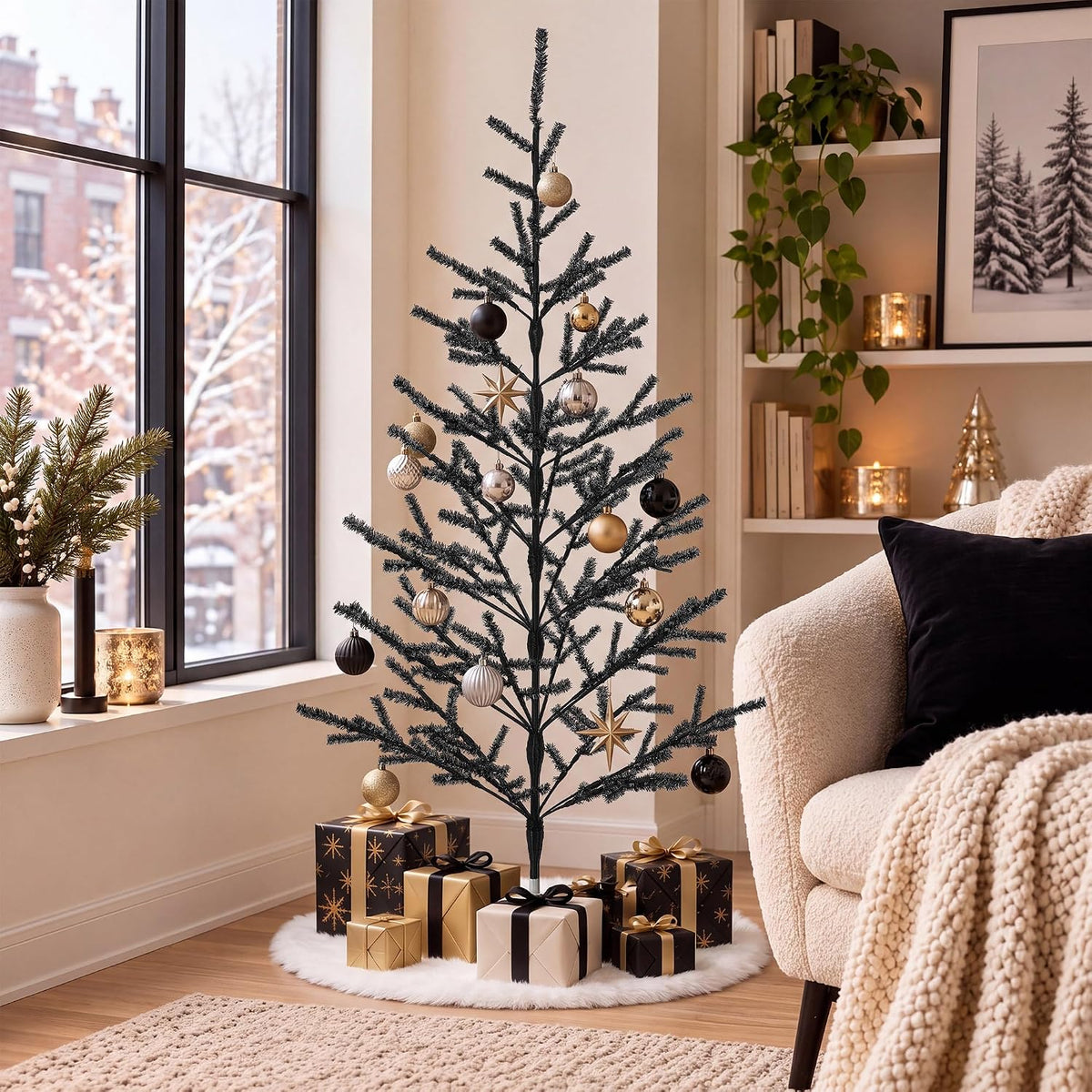 4ft Black Christmas Tree, Retro Aluminum Christmas Tree, Tinsel Trees