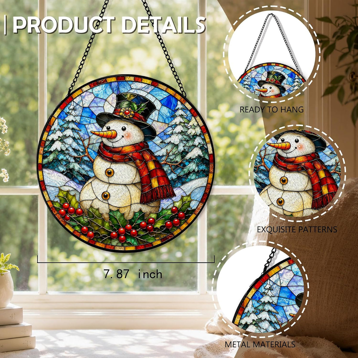 Farmhouse Christmas Snowman Sun Catcher Indoor Window, Christmas Stained Glass Window Hanging, Rustic Snowy Winter Xmas Snowman Forest Suncatcher Decor for Home Room Garden 7.8x7.8in