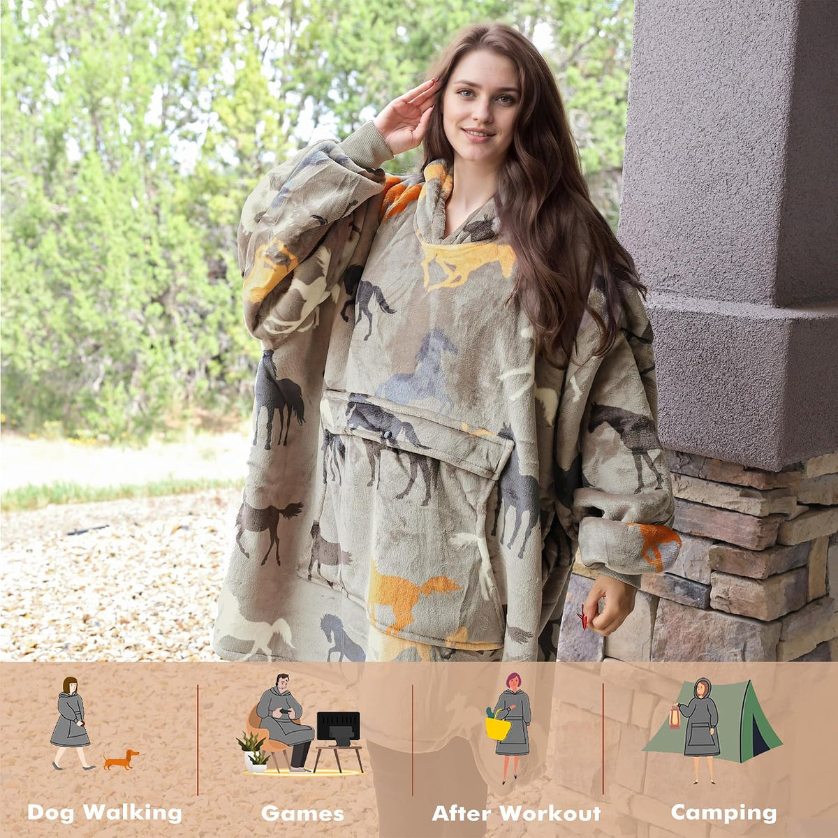 Tirrinia Wearable Blanket Oversized Hoodie for Adults, Horse Print Gift Sherpa Sweatshirt, as Christmas Gifts for Family & Friend. One Size Fits All