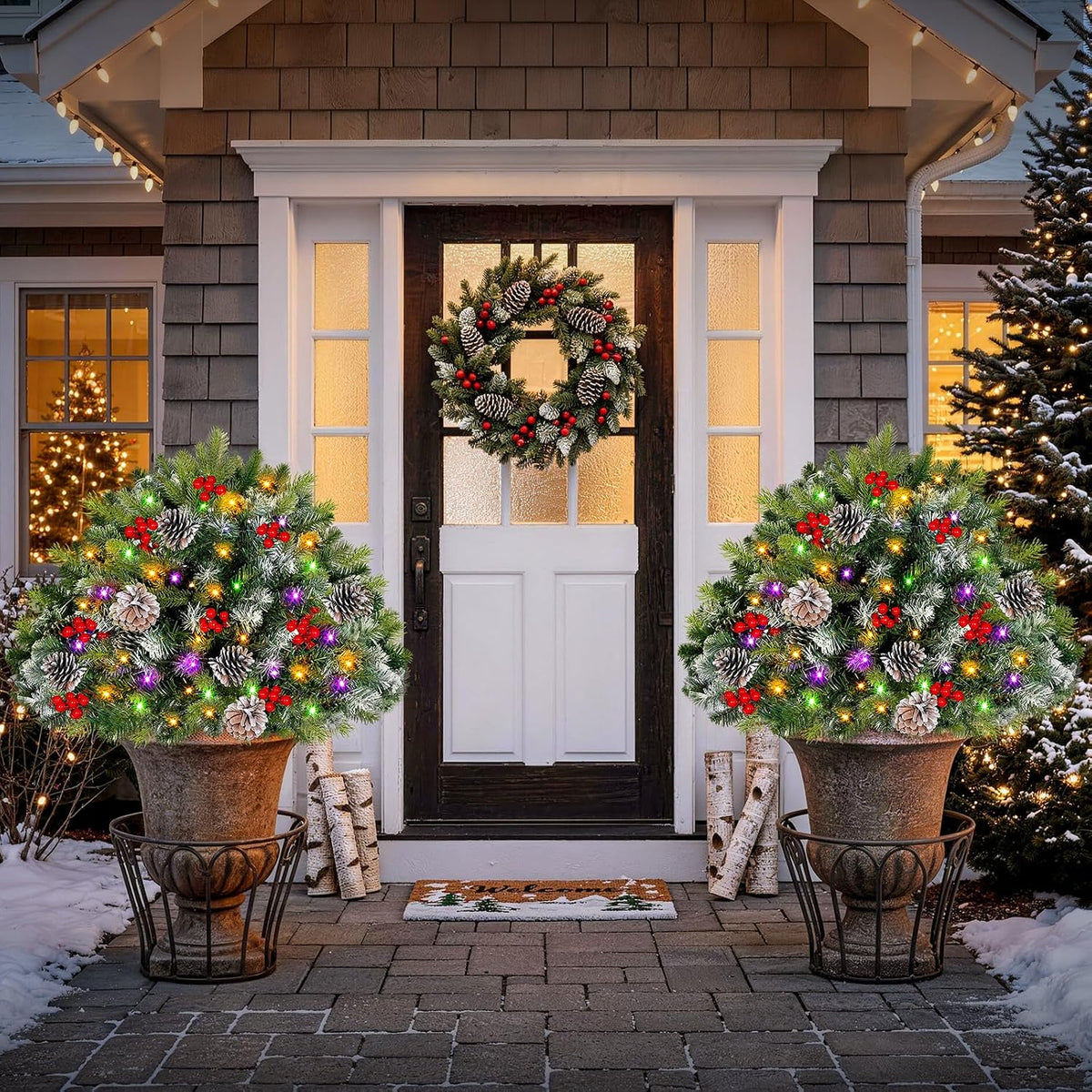 2-Pack Solar Christmas Tree Urn Filler, 26â€ Pre-lit Pathway Christmas Trees, Frosted Lighted Artificial Xmas Tree Solar-Power Outdoor DÃ©cor for House Yard, 8 Modes,50 LED Lights,Red Berries,Pine Cones