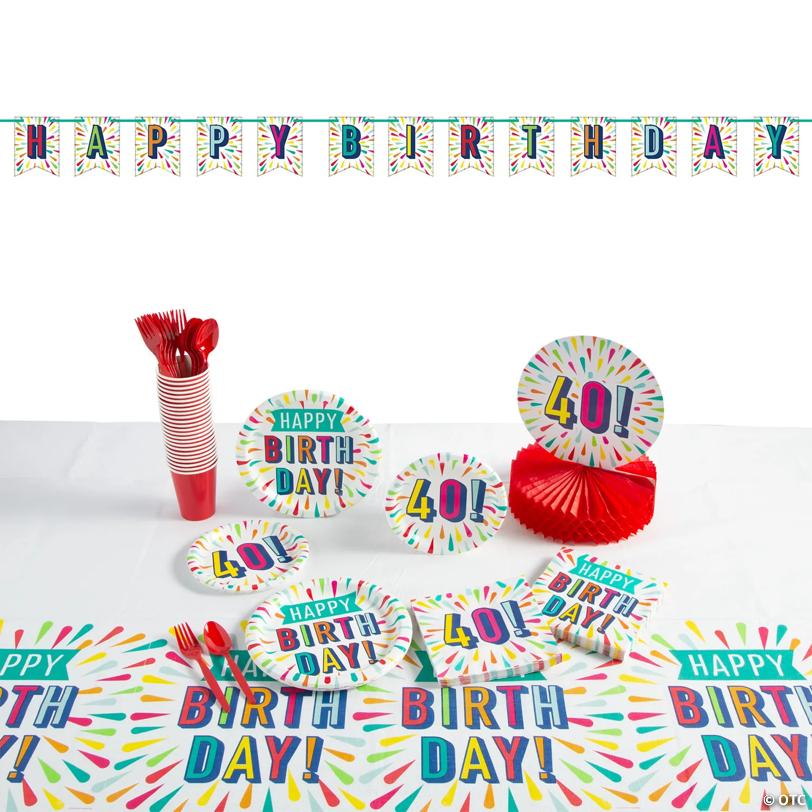 91 Pc. 40th Birthday Burst Party Tableware Kit for 8 Guests | USA Decoration®