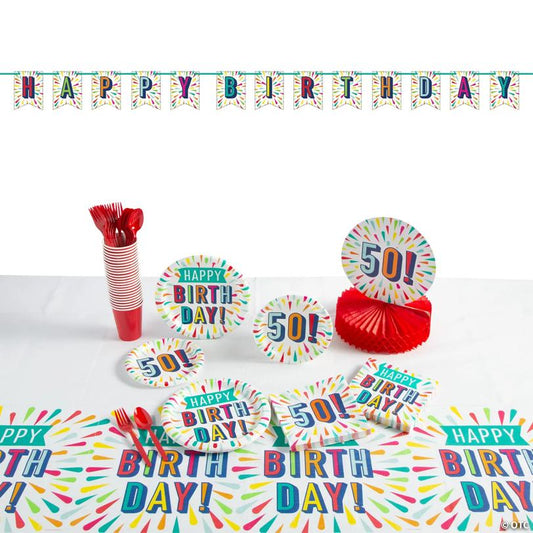 91 Pc. 50th Birthday Burst Party Tableware Kit for 8 Guests | USA Decoration®