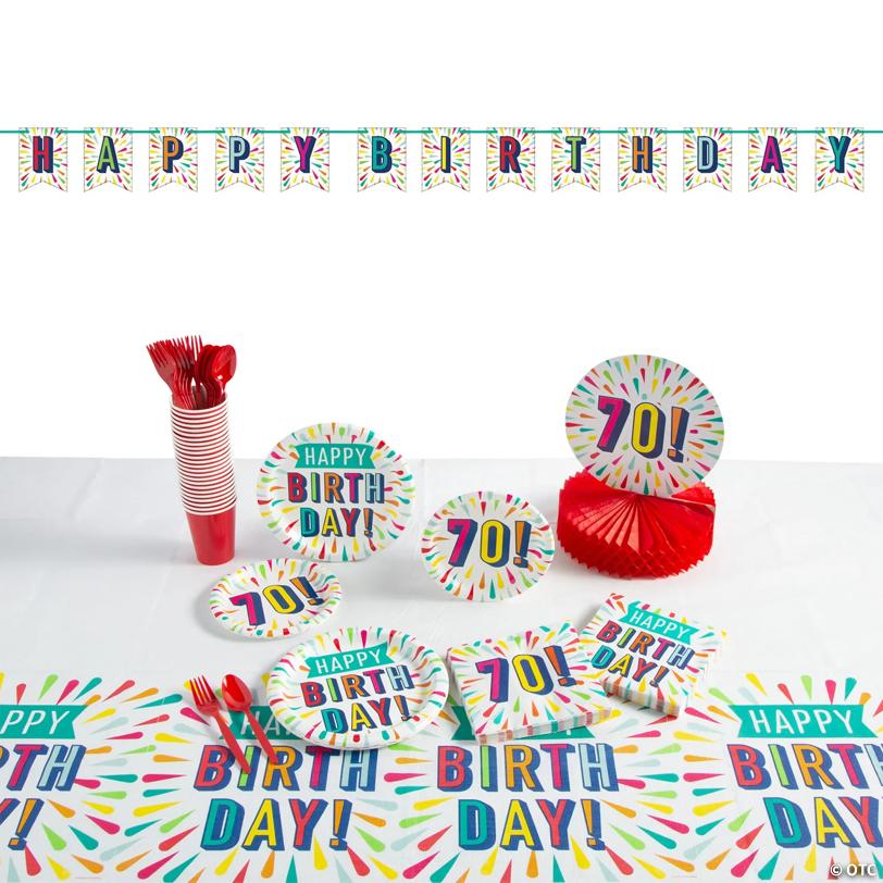 91 Pc. 70th Birthday Burst Party Tableware Kit for 8 Guests | USA Decoration®