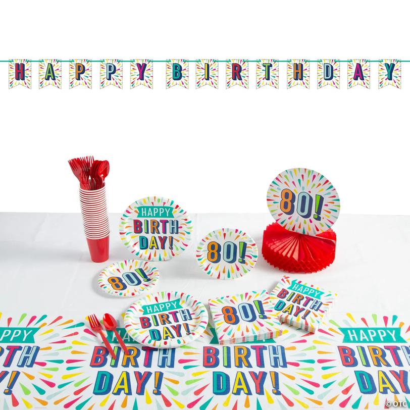 91 Pc. 80th Birthday Burst Party Tableware Kit for 8 Guests | USA Decoration®