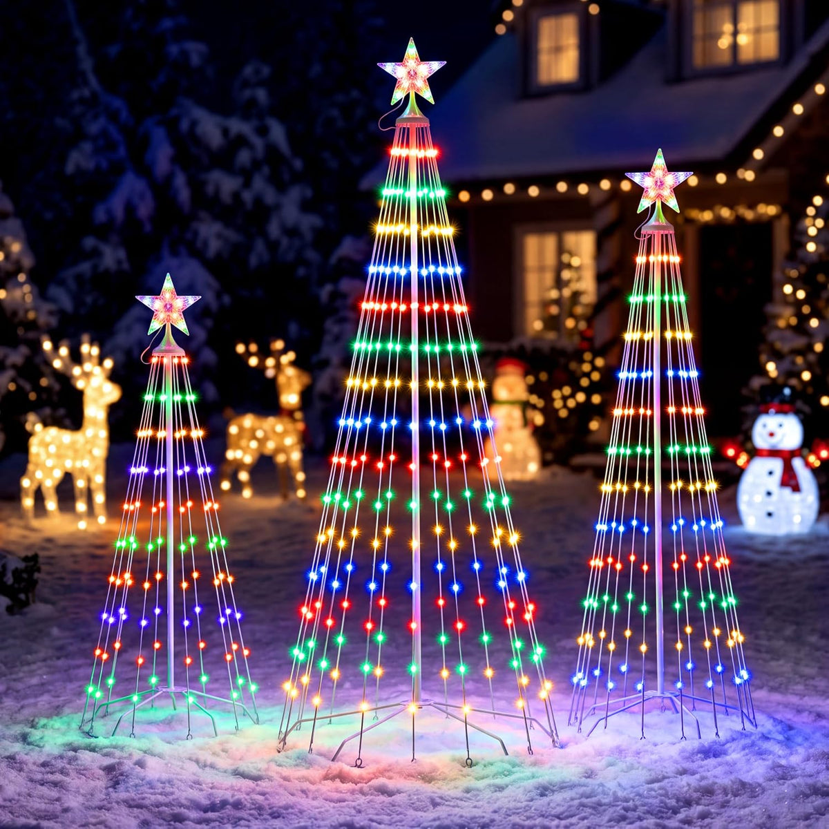 JOYIN 3 Pack LED Christmas Cone Tree Lights, 4FT 5FT 6FT Outdoor Lighted Tree with 8 Lighting Modes & Star Topper, Christmas Decorations for Yard Porch Patio Garden Holiday Decor, Multicolor