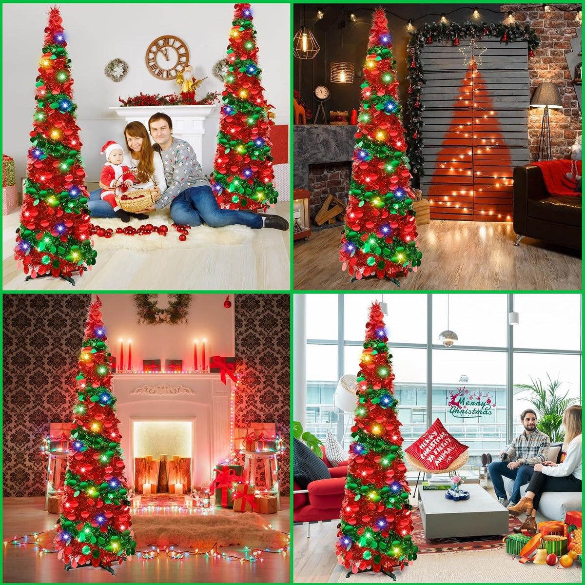 5Ft Pop Up Christmas Tree with Lights, Collapsible Pencil Tree Red Green, Skinny Christmas Tree Slim Xmas Tree, Artificial Tinsel Tree Foldable for Home Apartment Holiday Party Winter Decor