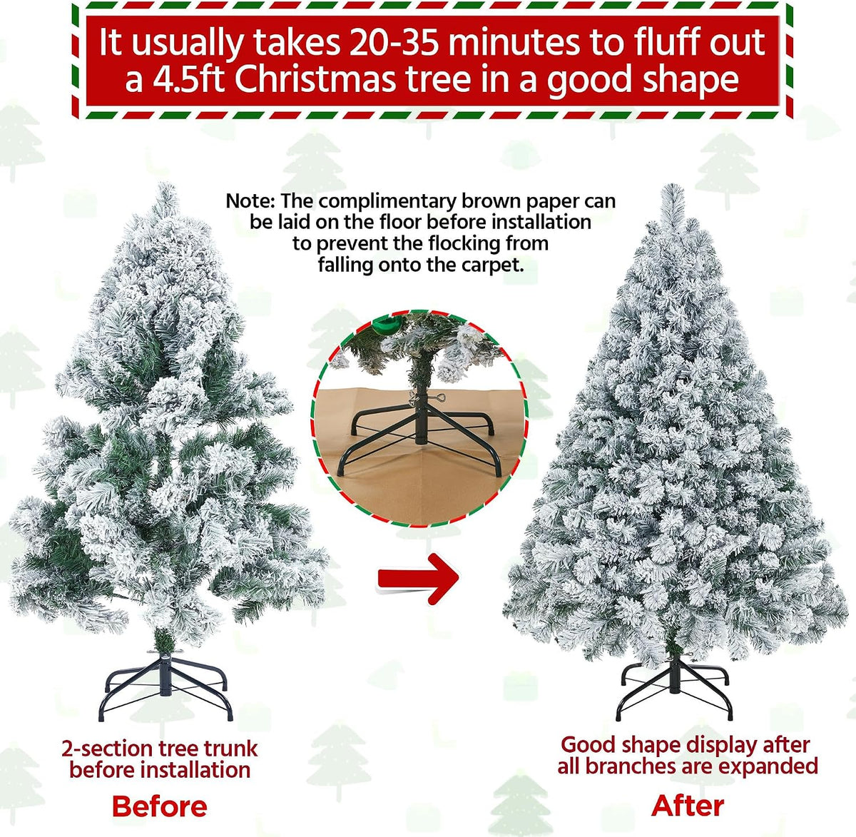 Yaheetech 4.5ft Pre-lit Spruce Artificial Christmas Tree Snow Flocked Hinges Tree with 100 Multicolor LED Lights & 340 Branch Tips & Metal Stand for Home, Office, Party Decoration, Green & White