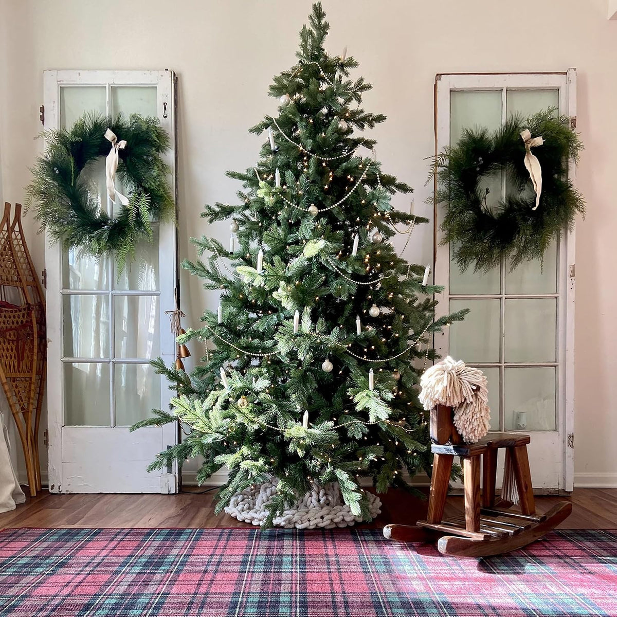 Fraser Hill Farm 7.5-Ft. Woodside Pine Artificial Christmas Tree with Stand and No Lights, Unlit Foldable Fake Christmas Tree with Realistic Foliage for Home Decoration