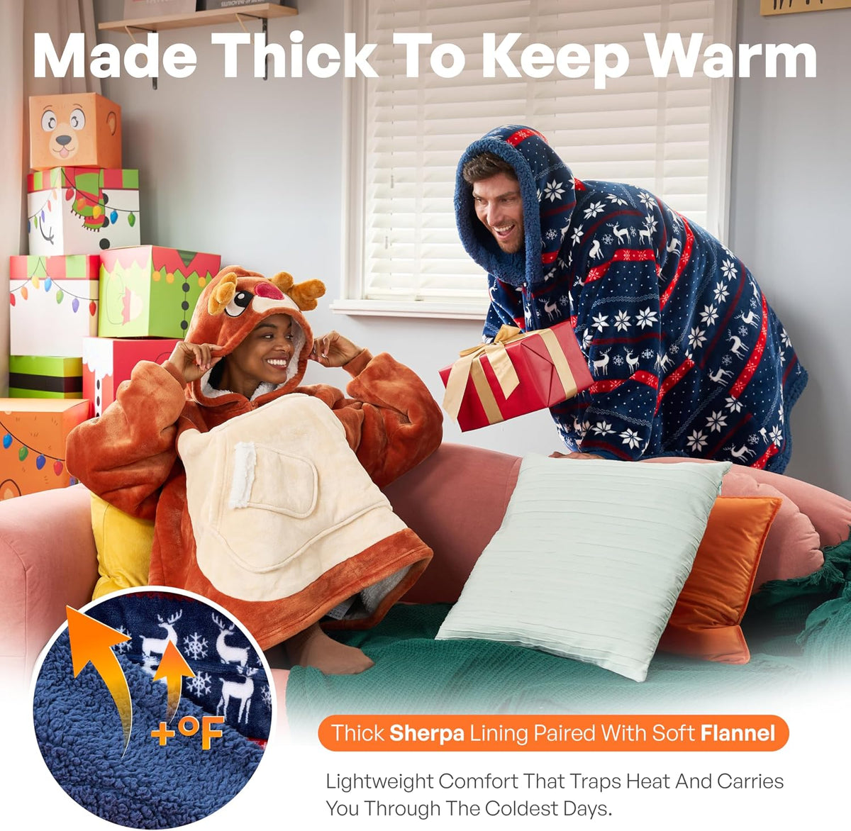 Giggling Getup Wearable Blanket Hoodie for Adults Gifts for Teen Girls Sister Women Sherpa Fleece Printed Hooded Blanket Sweatshirt Warm Cozy with Pocket & Sleeves Blue Christmas Nordic