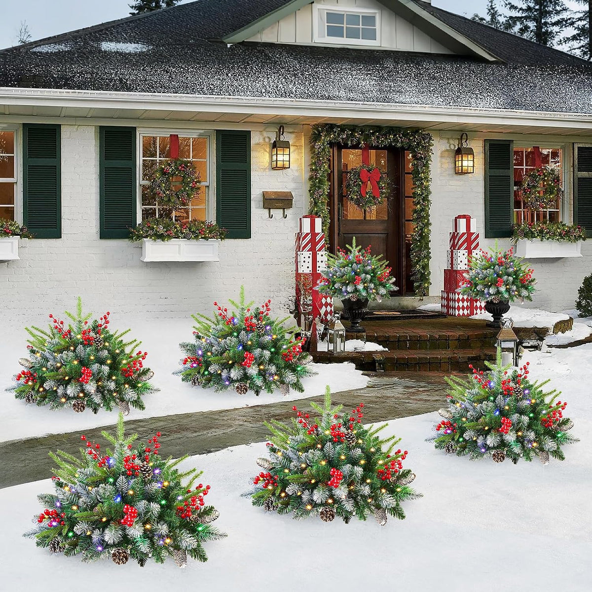2 Set Preâ€‘lit Artificial Christmas Urn Filler with Remote for Planter Decor