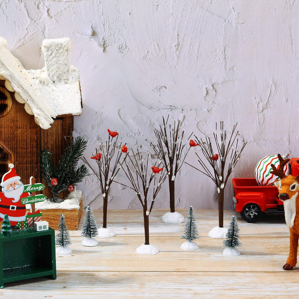 8 Pcs Christmas Village Trees Bare Branch Snow Frost Miniature
