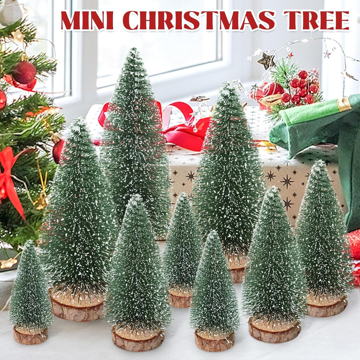 9Pcs Mini Christmas Tree, Bottle Brush Christmas Trees Wooden Base Table Decor with 4 Sizes, Artificial Green Tabletop Xmas Tree Indoor Village Decor Xmas Decorations