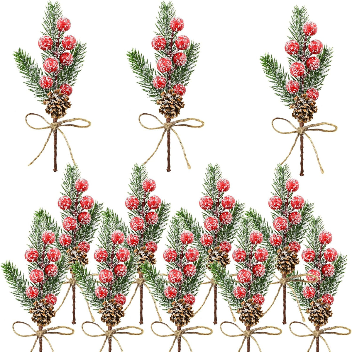 12PCS Christmas Berries Pine Cones Artificial Tree Picks Christmas Decorations with Snow Covered Evergreen Pine Branches for Holiday Family Gathering Craft Gift Wrap Decor