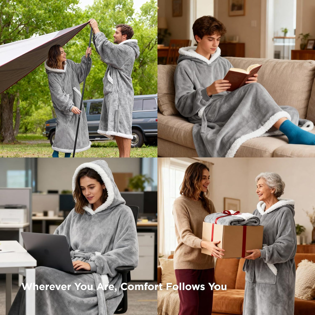 Bedsure Long Sherpa Wearable Blanket Hoodie for Halloween, Grey, Standard