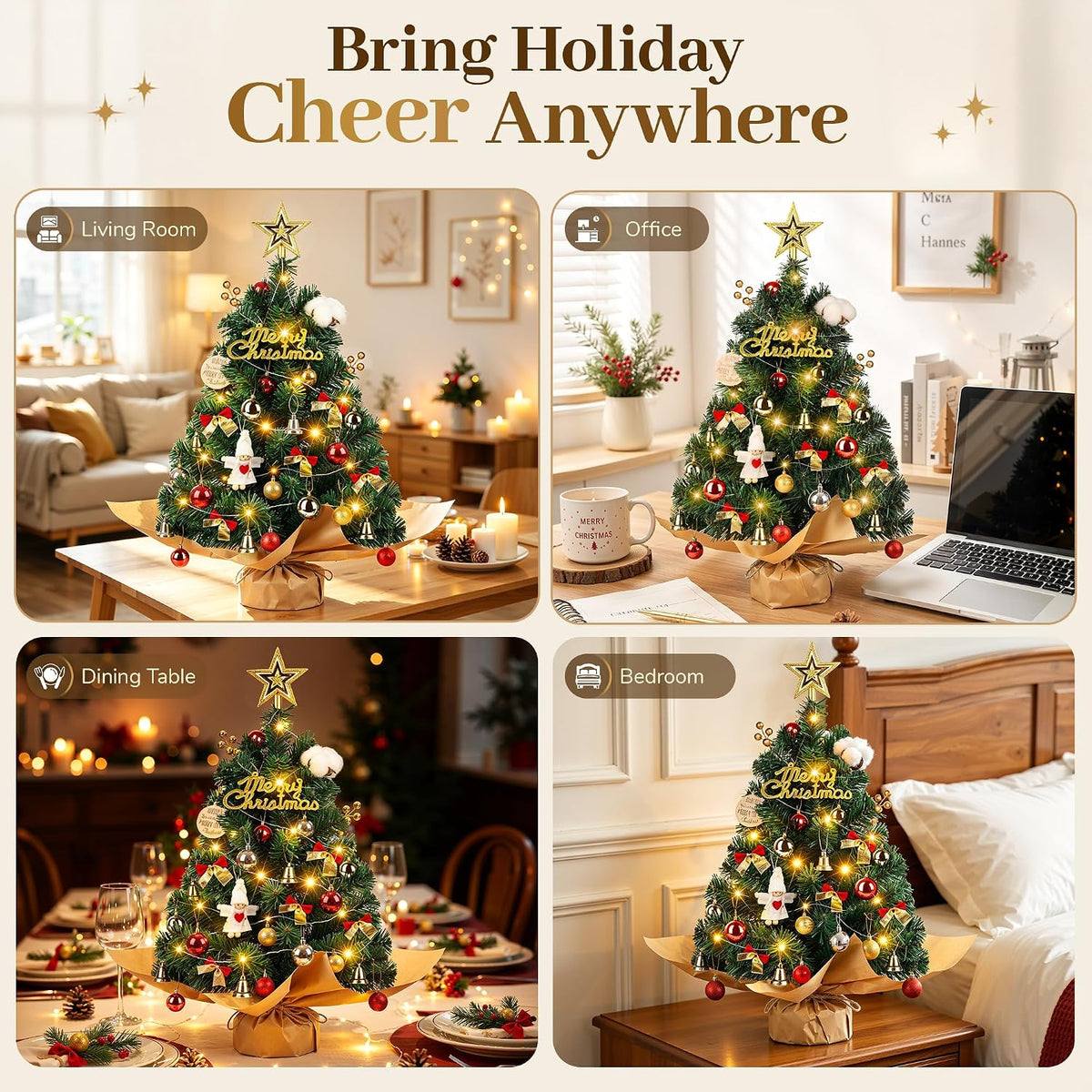 WISELIFE 24" Mini Tabletop Christmas Tree with Lights & Ornaments - Artificial Small Xmas Tree with Angel Decor, Desktop Christmas Decorations for Table, Office, Bedroom, Small Spaces