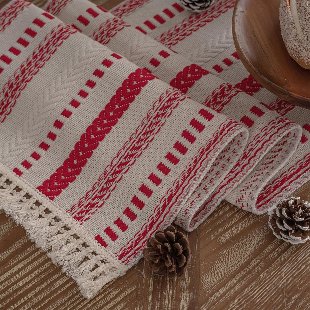 Caflife Cotton Linen Blend Red Boho Christmas Table Runner 108 Inchs Long