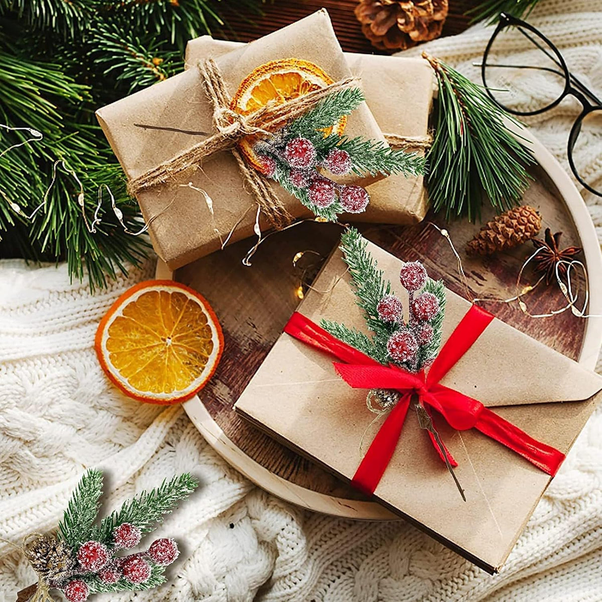 12PCS Christmas Berries Pine Cones Artificial Tree Picks Christmas Decorations with Snow Covered Evergreen Pine Branches for Holiday Family Gathering Craft Gift Wrap Decor