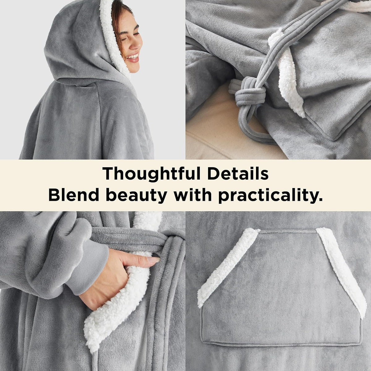 Bedsure Long Sherpa Wearable Blanket Hoodie for Halloween, Grey, Standard