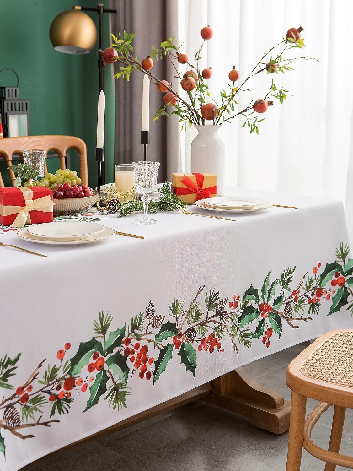 EHouseHome Indoor Outdoor Poinsettia Christmas Tablecloth Water Resistant Spill Proof Fabric Table Cover 60x84Inch Rectangle