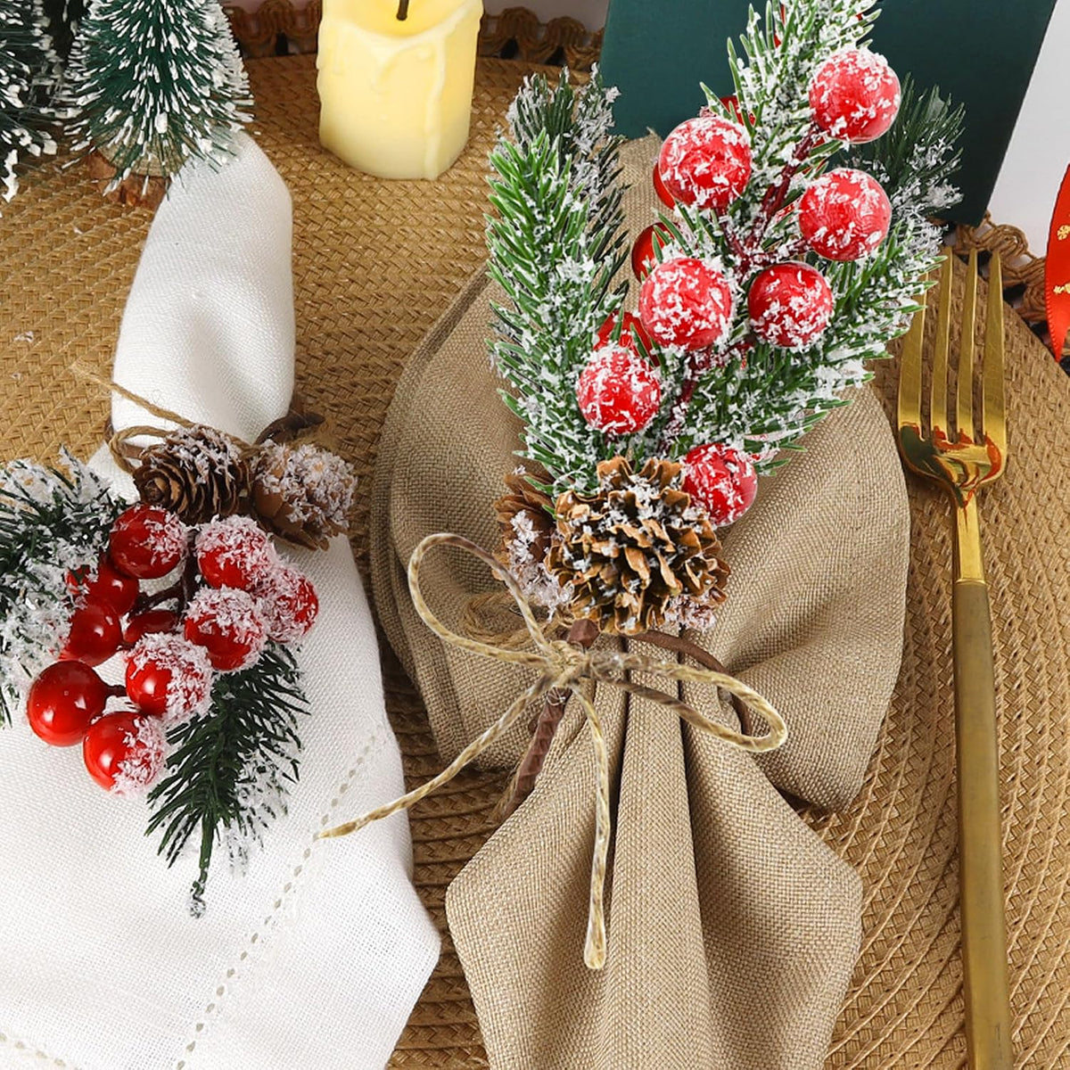 12PCS Christmas Berries Pine Cones Artificial Tree Picks Christmas Decorations with Snow Covered Evergreen Pine Branches for Holiday Family Gathering Craft Gift Wrap Decor