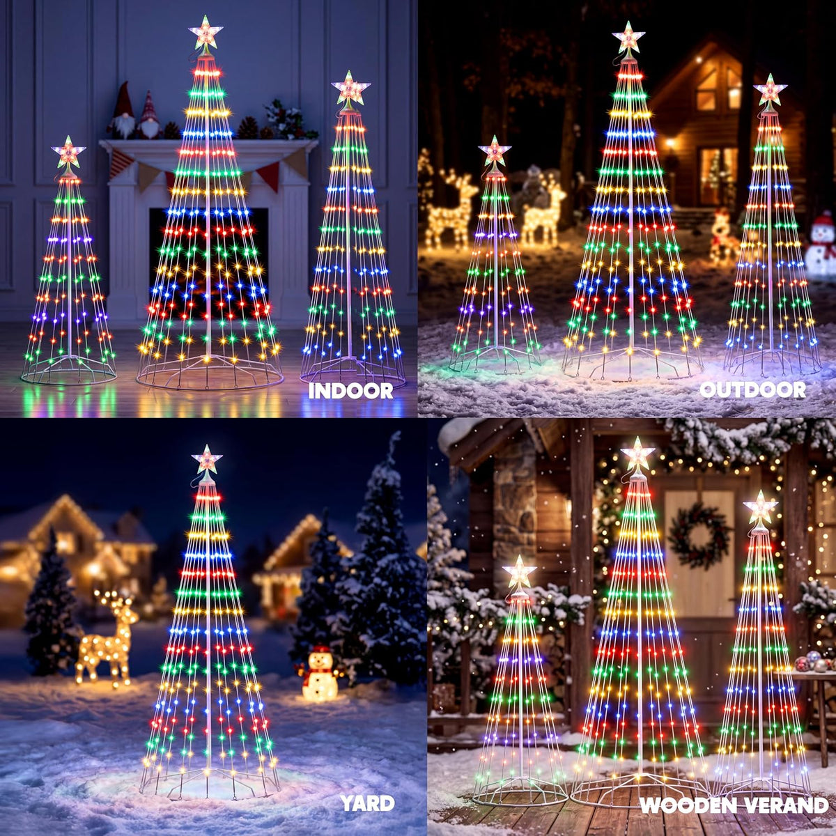 JOYIN 3 Pack LED Christmas Cone Tree Lights, 4FT 5FT 6FT Outdoor Lighted Tree with 8 Lighting Modes & Star Topper, Christmas Decorations for Yard Porch Patio Garden Holiday Decor, Multicolor