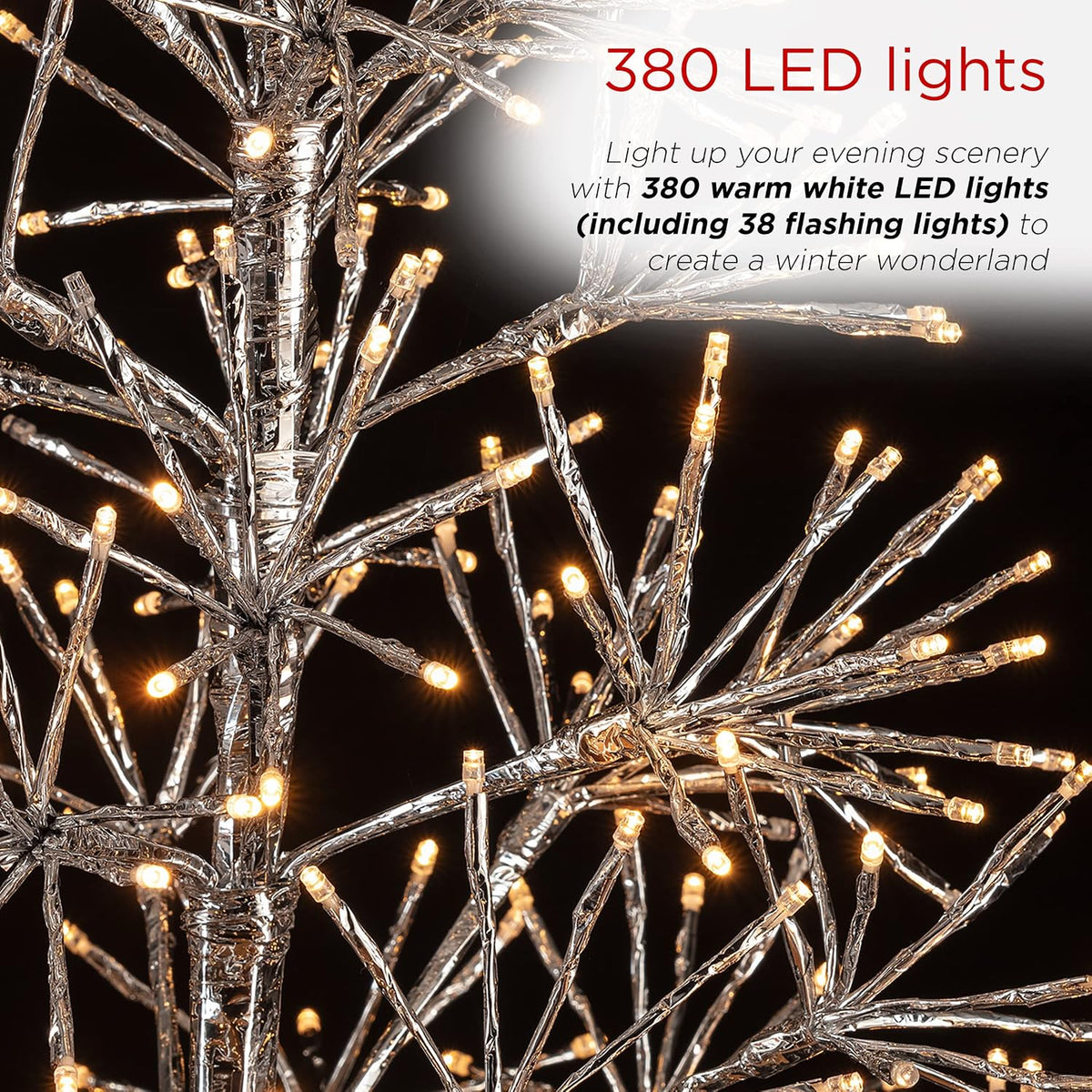 Alpine Corporation 53" Tall Artificial Christmas Tree with 380 Warm White LED Lights, Indoor/Outdoor Holiday Decoration with Flashing Lights for Porch or Lawn, Silver