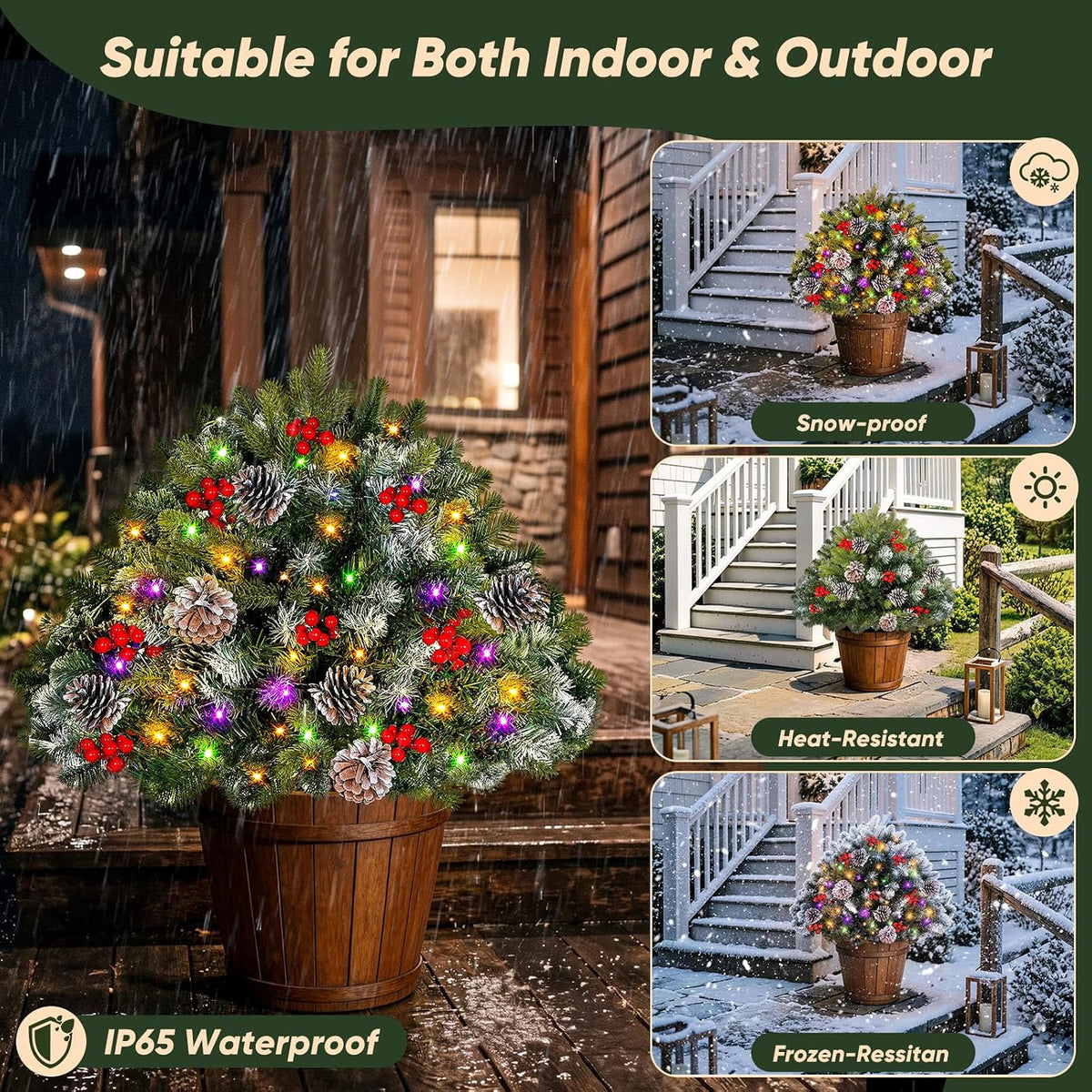 2-Pack Solar Christmas Tree Urn Filler, 26â€ Pre-lit Pathway Christmas Trees, Frosted Lighted Artificial Xmas Tree Solar-Power Outdoor DÃ©cor for House Yard, 8 Modes,50 LED Lights,Red Berries,Pine Cones