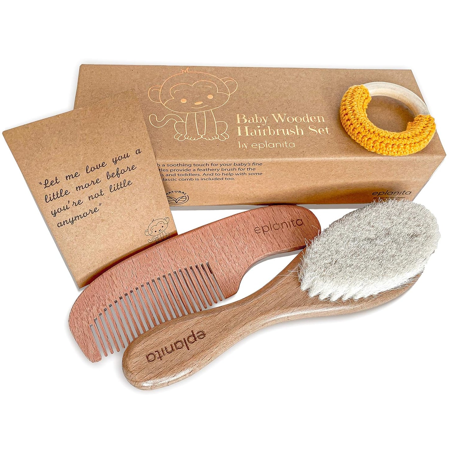 eplanita Baby Hair Brush and Comb Set Natural Goat Bristle Wooden Brush for Newborns & Toddlers – Cradle Cap, Scalp Massage & Teething Ring Baby Registry Must-Have Gift
