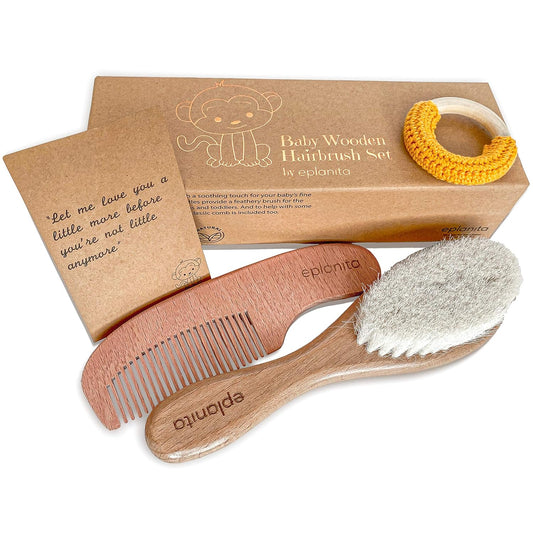 eplanita Baby Hair Brush and Comb Set Natural Goat Bristle Wooden Brush for Newborns & Toddlers – Cradle Cap, Scalp Massage & Teething Ring Baby Registry Must-Have Gift