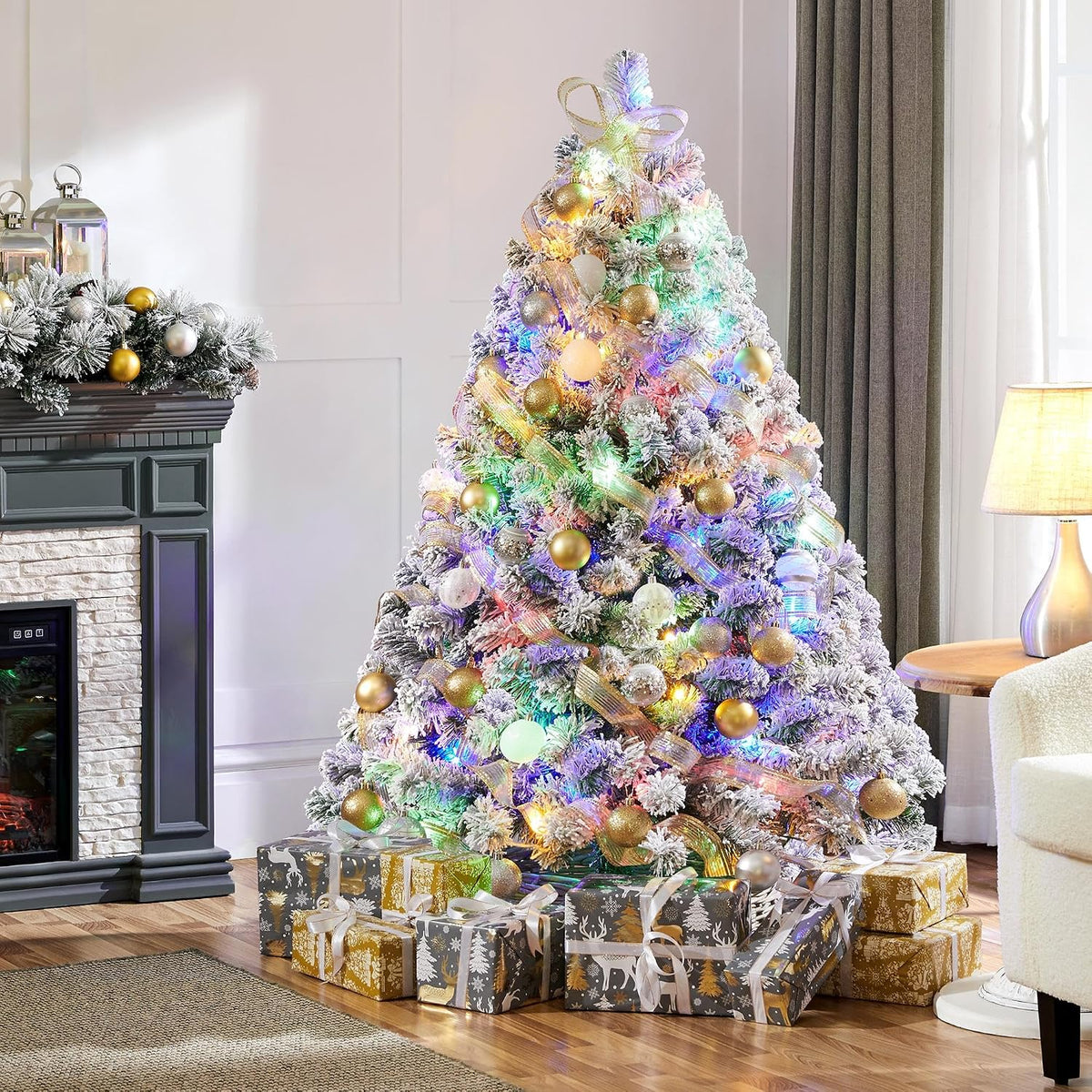 Yaheetech 4.5ft Pre-lit Spruce Artificial Christmas Tree Snow Flocked Hinges Tree with 100 Multicolor LED Lights & 340 Branch Tips & Metal Stand for Home, Office, Party Decoration, Green & White