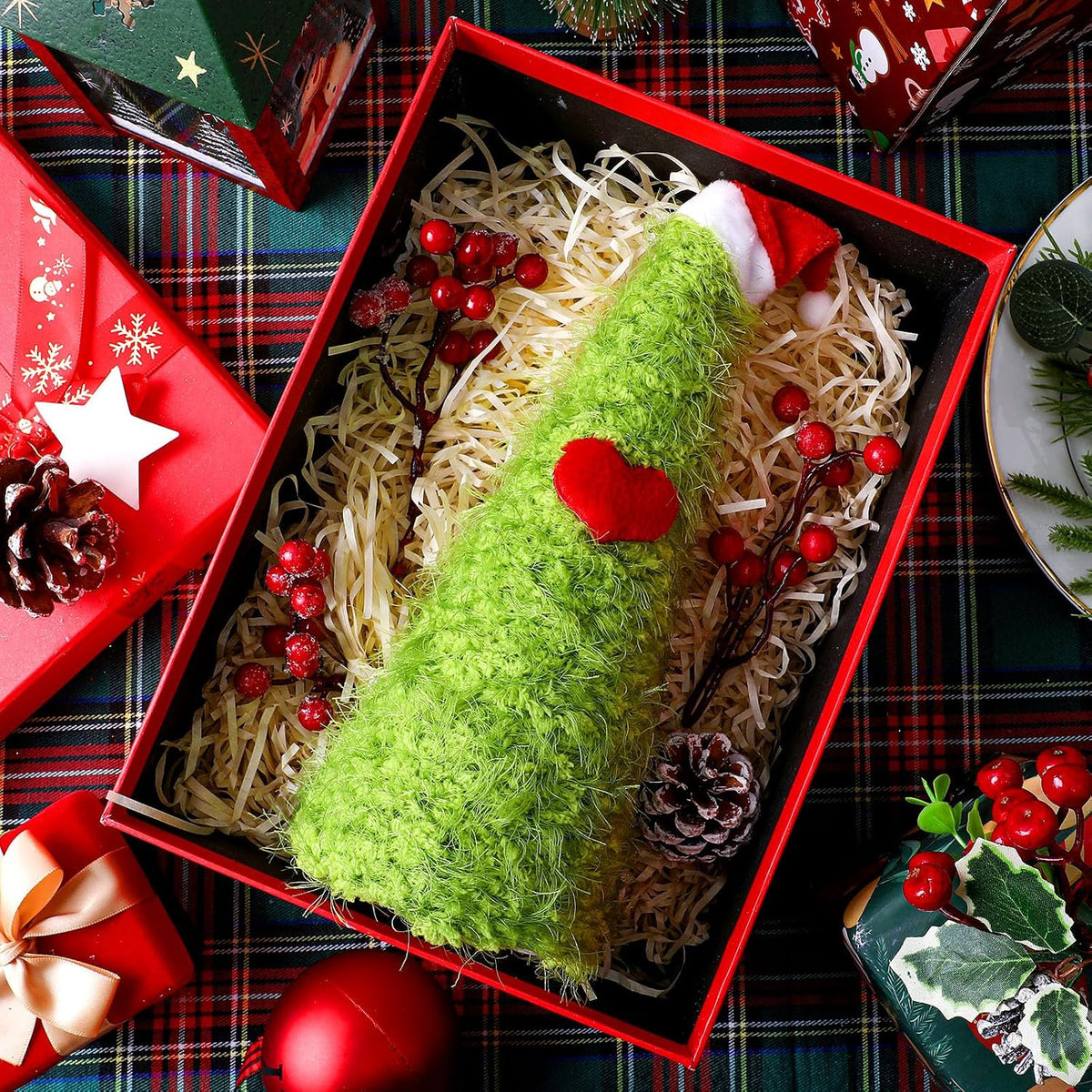 Gejoy Lime Green Mini Furry Christmas Tree Tabletop Decor Santa Hat, 9.84"