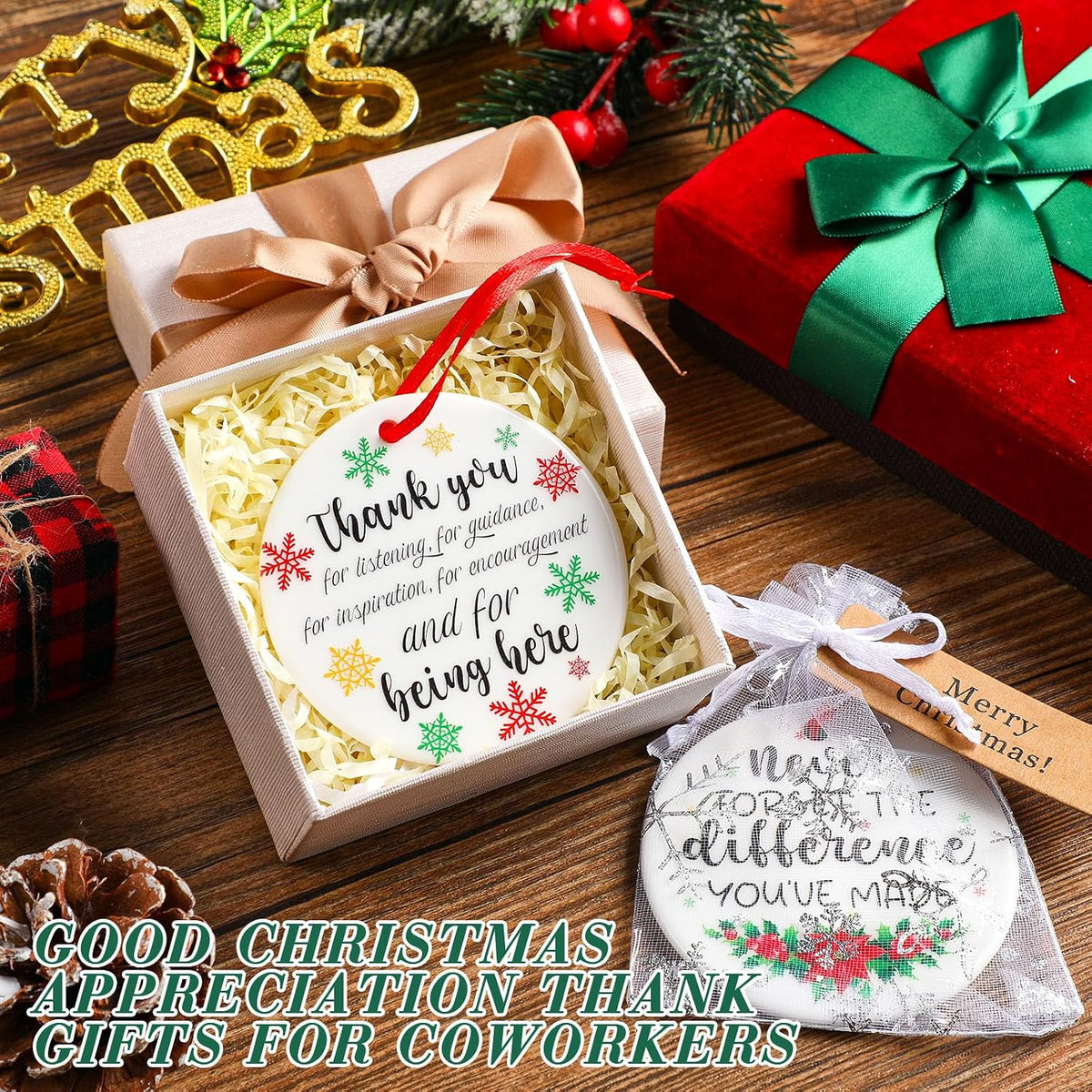 Barydat 24 Set Ceramic Christmas Appreciation Gifts for Coworkers, Thank You Ceramic Ornaments Xmas Tree Hanging Ornaments with Tags and Bag for Coworker Office Friendship Xmas Tree Decor (Classic)
