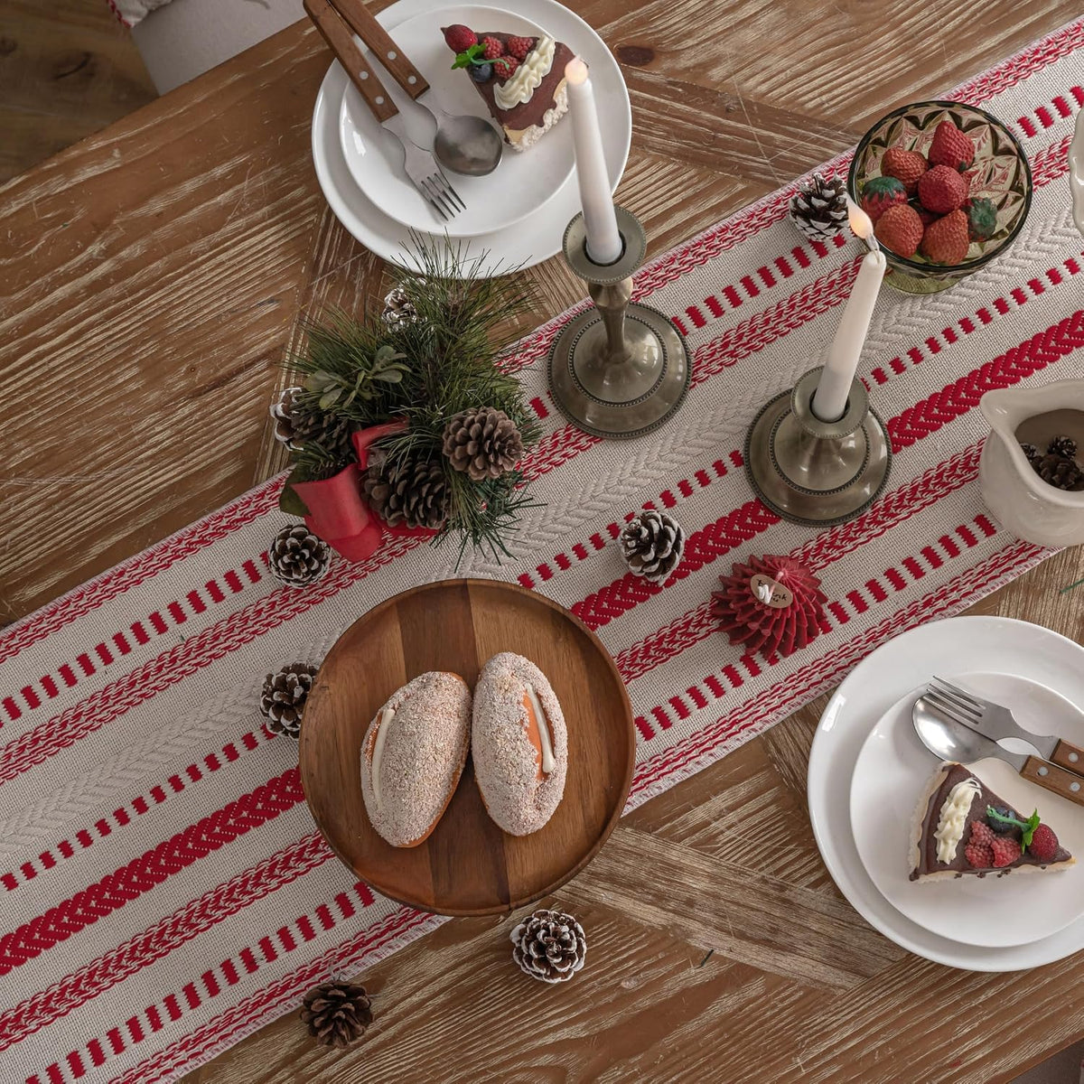 Caflife Cotton Linen Blend Red Boho Christmas Table Runner 108 Inchs Long