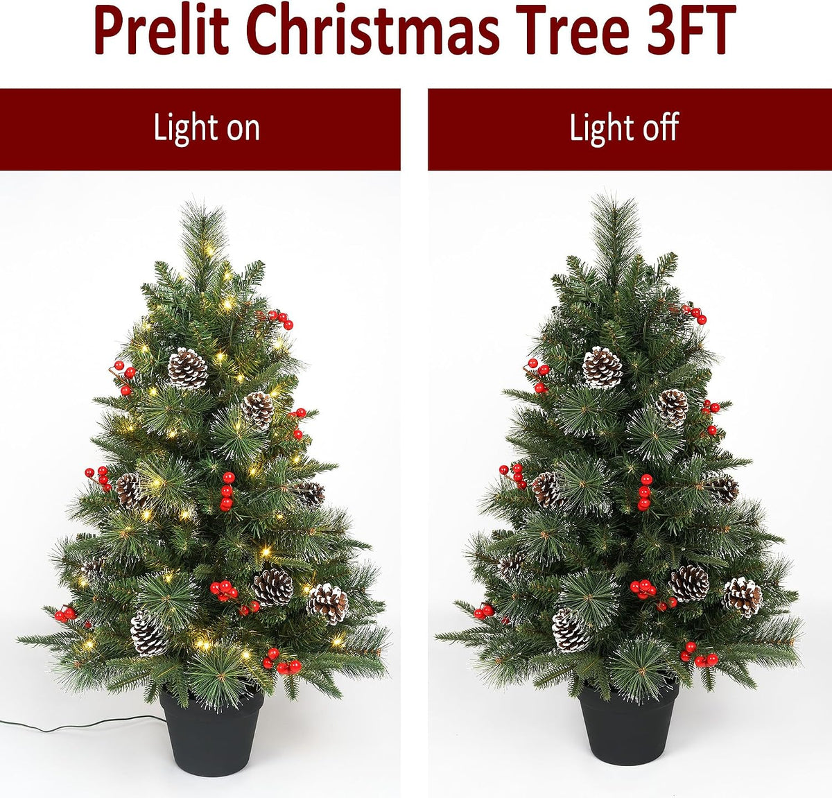 3Ft Pre-Lit Artificial Christmas Tree Tabletop with Battery Operated 70 Warm LED Red Berries Pine Cone Pine Needle, Greenery Potted Christmas Tree for Indoor, Porch, Outdoor