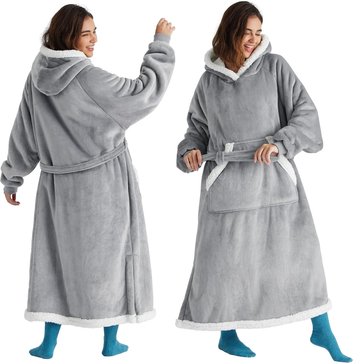 Bedsure Long Sherpa Wearable Blanket Hoodie for Halloween, Grey, Standard
