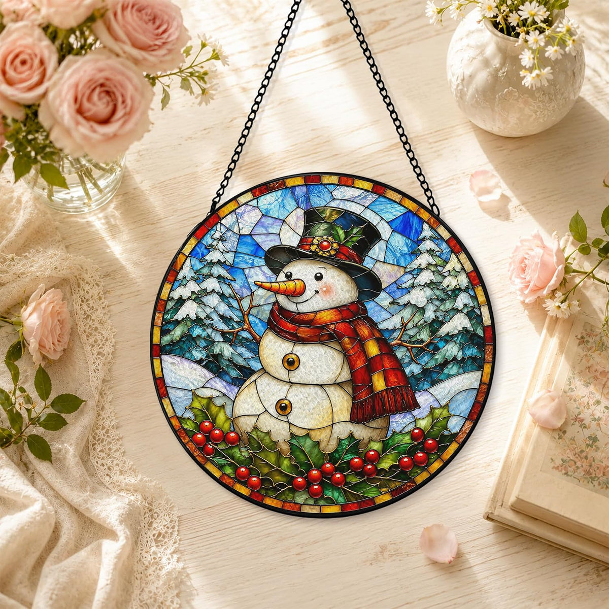 Farmhouse Christmas Snowman Sun Catcher Indoor Window, Christmas Stained Glass Window Hanging, Rustic Snowy Winter Xmas Snowman Forest Suncatcher Decor for Home Room Garden 7.8x7.8in