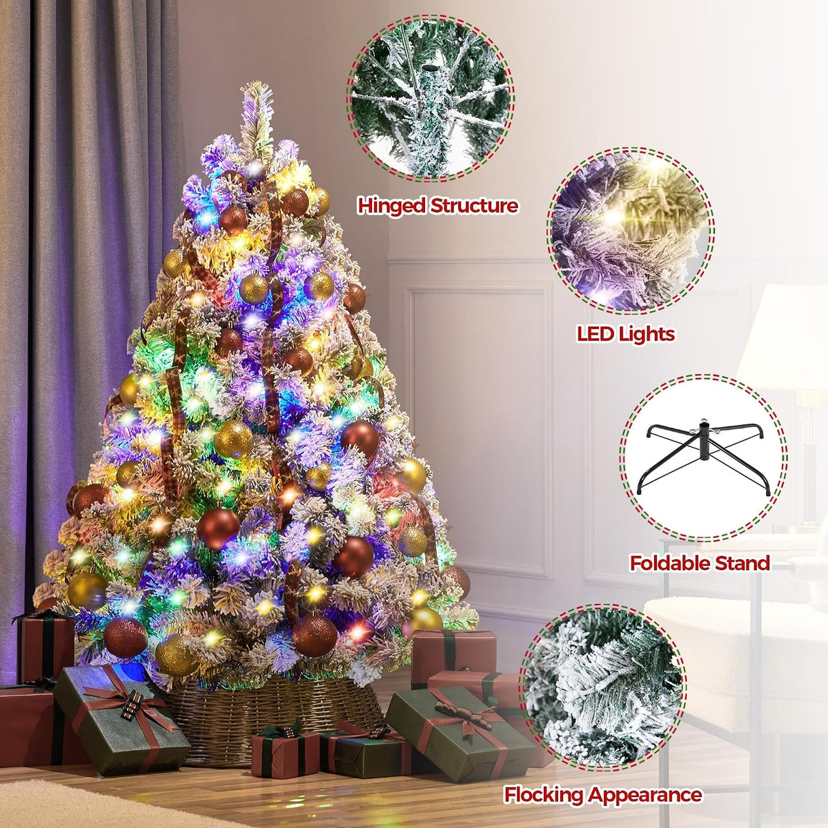 Yaheetech 4.5ft Pre-lit Spruce Artificial Christmas Tree Snow Flocked Hinges Tree with 100 Multicolor LED Lights & 340 Branch Tips & Metal Stand for Home, Office, Party Decoration, Green & White