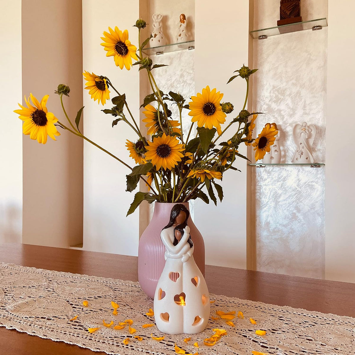 OakiWay Mother-Daughter Love Candle Holder Statue with Flickering LED Candle | Hand-Painted (Dark) - Unique Gifts for Mother's Day, Christmas, Birthday | Greeting Card Included