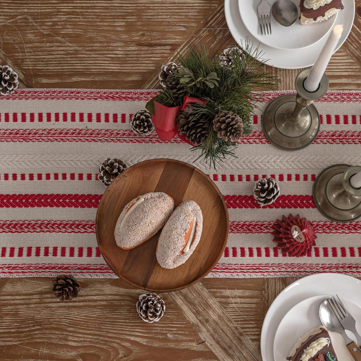 Caflife Cotton Linen Blend Red Boho Christmas Table Runner 108 Inchs Long