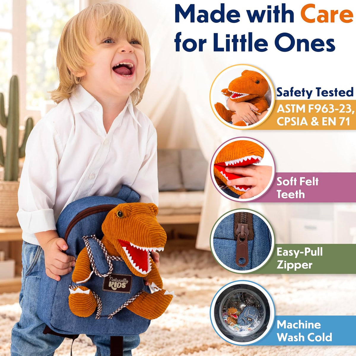 Naturally KIDS Toddler Backpack w. Plush Dinosaur Toy, Kids Gift 2 3 4 5
